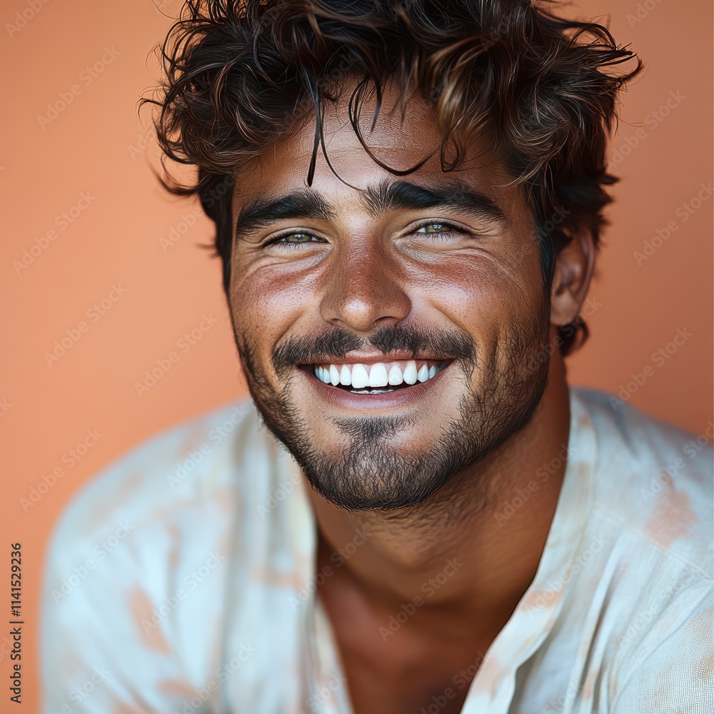 A young man with casual t-shirt is smiling at the camera, solid color background A young man with casual t-shirt is smiling at the camera, solid color background
