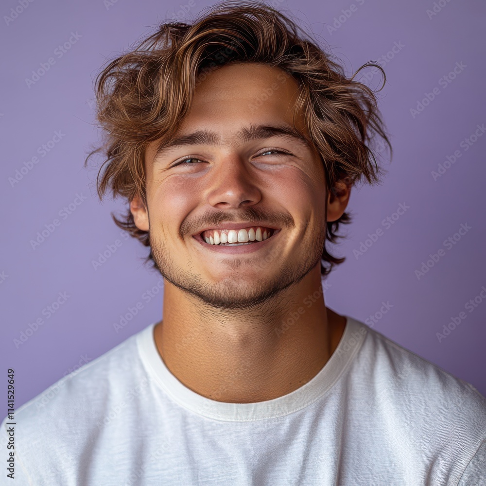 A young man with casual t-shirt is smiling at the camera, solid color background A young man with casual t-shirt is smiling at the camera, solid color background