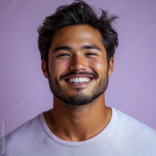 man with casual t-shirt is smiling at the camera, solid color background