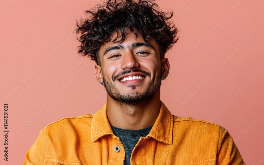 Obraz premium man with casual t-shirt is smiling at the camera, solid color background