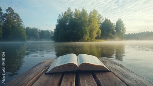 Open Book on Dock by Calm Lake Surrounded by Lush Green Trees