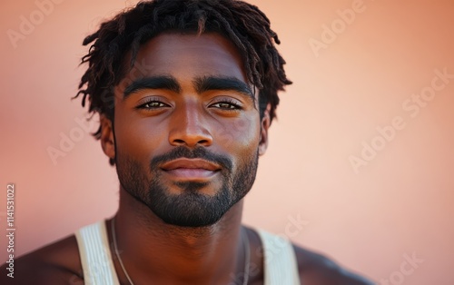 man with casual t-shirt is smiling at the camera, solid color background