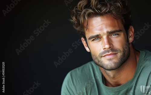 man with casual t-shirt is smiling at the camera, solid color background