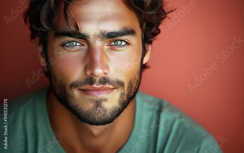 man with casual t-shirt is smiling at the camera, solid color background