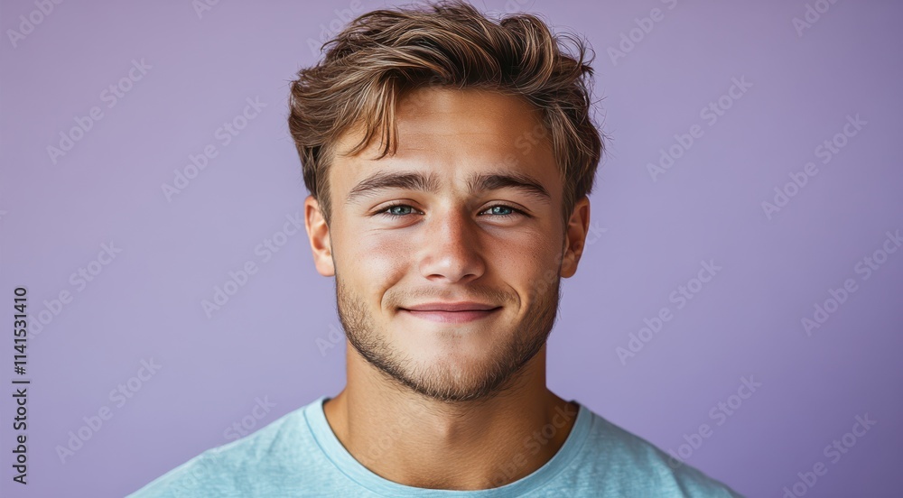 Fototapeta premium man with casual t-shirt is smiling at the camera, solid color background