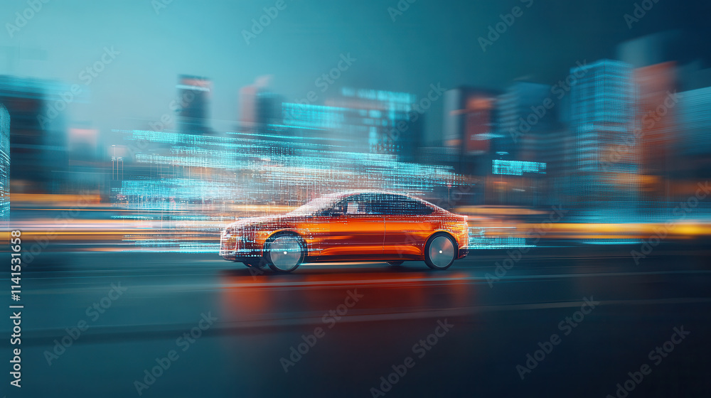sleek electric vehicle with advanced autonomous technology speeds through futuristic cityscape, showcasing innovation and modern design sleek electric vehicle with advanced autonomous technology speeds through futuristic cityscape, showcasing innovation and modern design