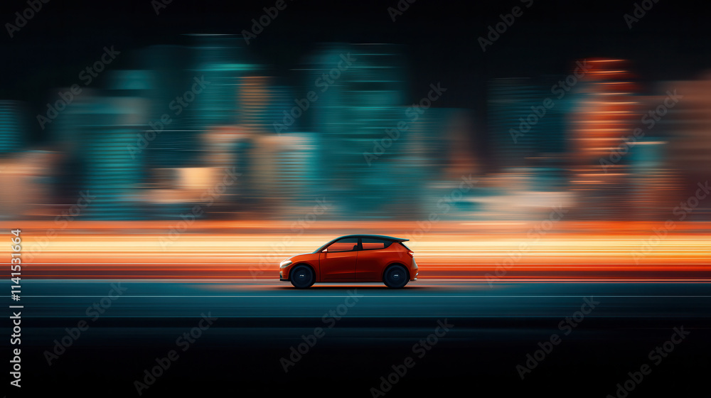 Fast electric vehicle in motion against blurred city skyline at night Fast electric vehicle in motion against blurred city skyline at night