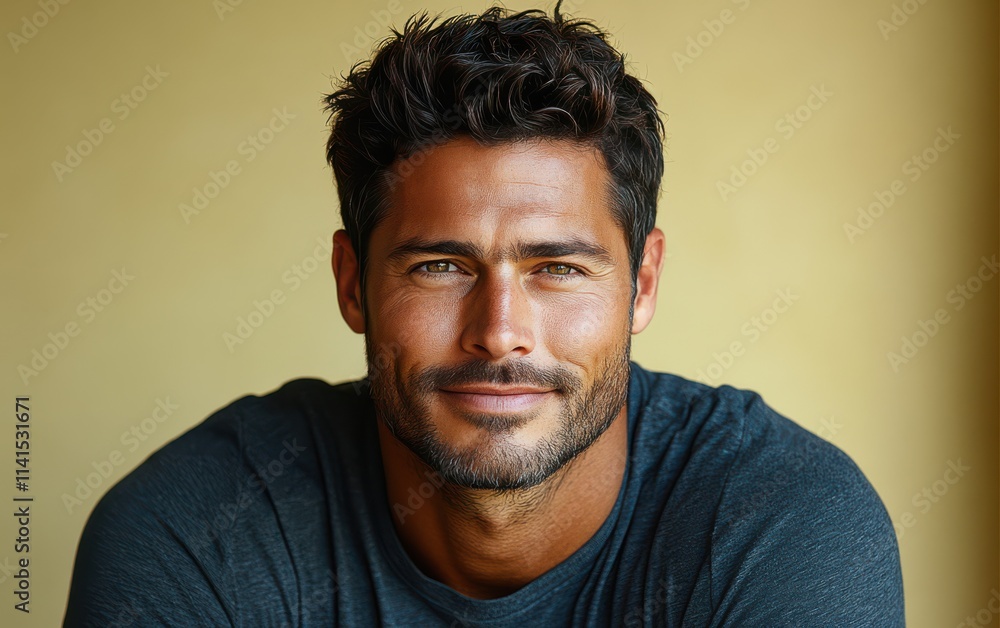 Obraz premium man with casual t-shirt is smiling at the camera, solid color background