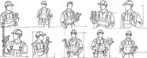 continuous line vector collection handyman wearing building construction uniform holding spirit level