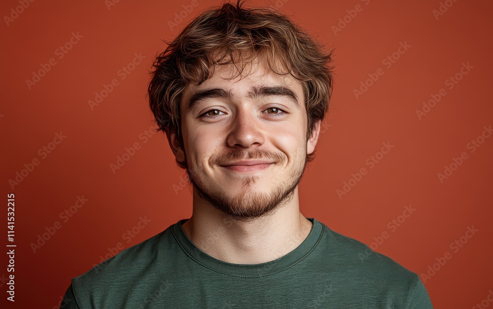 Obraz premium man with casual t-shirt is smiling at the camera, solid color background