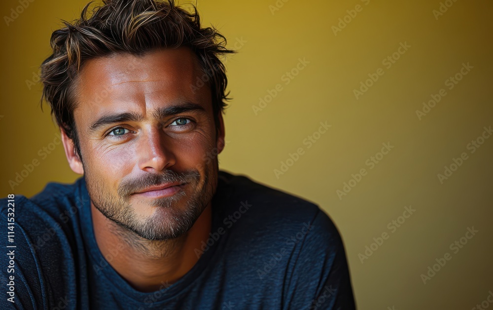 Obraz premium man with casual t-shirt is smiling at the camera, solid color background