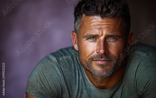 man with casual t-shirt is smiling at the camera, solid color background