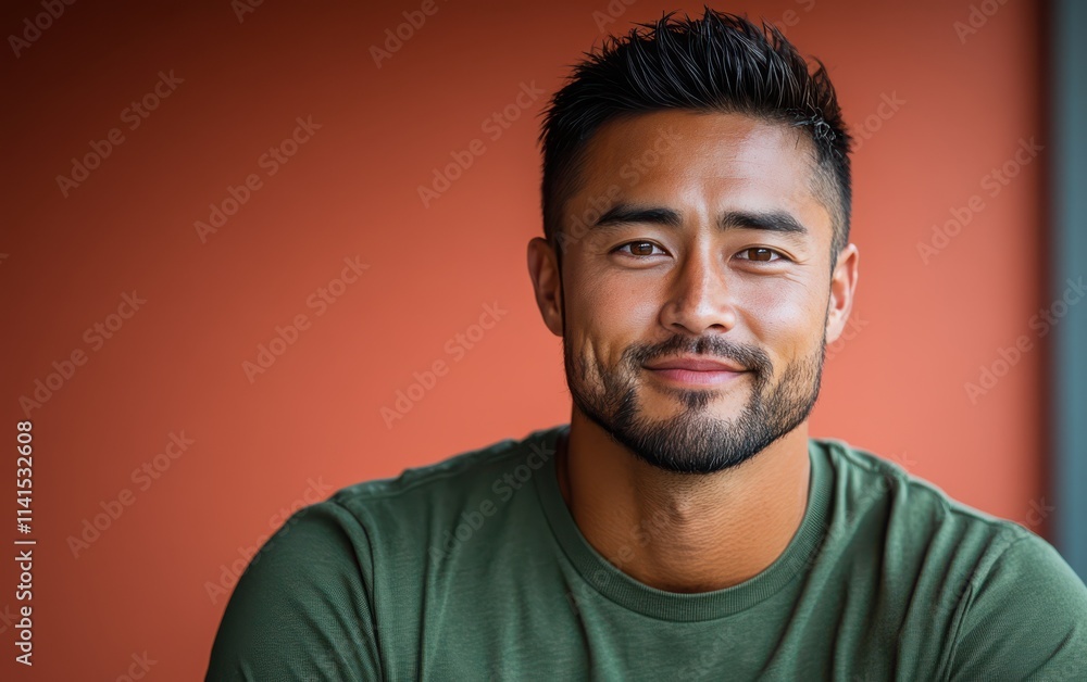 Obraz premium man with casual t-shirt is smiling at the camera, solid color background