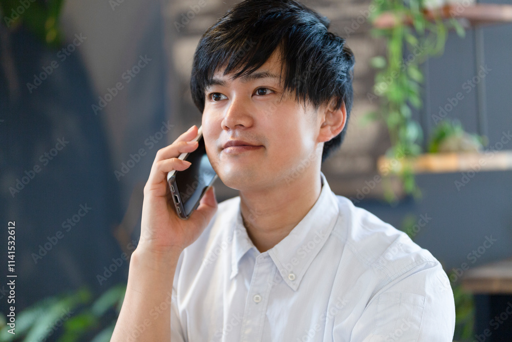 カフェで仕事をする男性