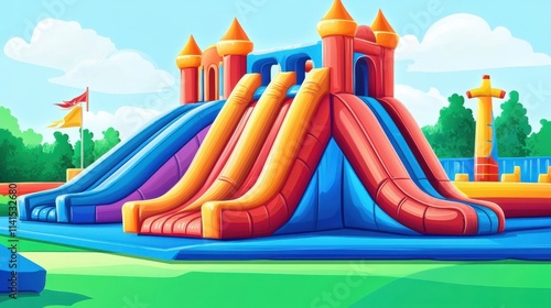 Vibrant vector illustration of inflatable playgrounds featuring bouncy slides and castles.