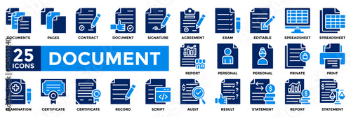 Document icon collection set. Containing contract, spreadsheet, certificate, statement, report, script, pages icon. 