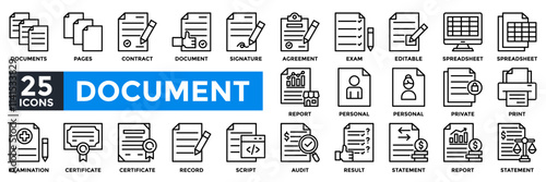 Document icon collection set. Containing contract, spreadsheet, certificate, statement, report, script, pages icon. 