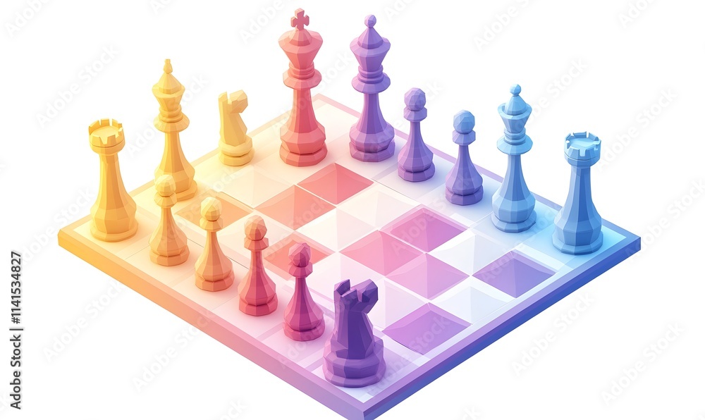Colorful low-poly chess set on board, isometric view, on white. Colorful low-poly chess set on board, isometric view, on white.