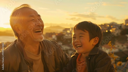 Man child both Asian descent share joyful moment hill overlooking picturesque town bathed warm sunlight photo