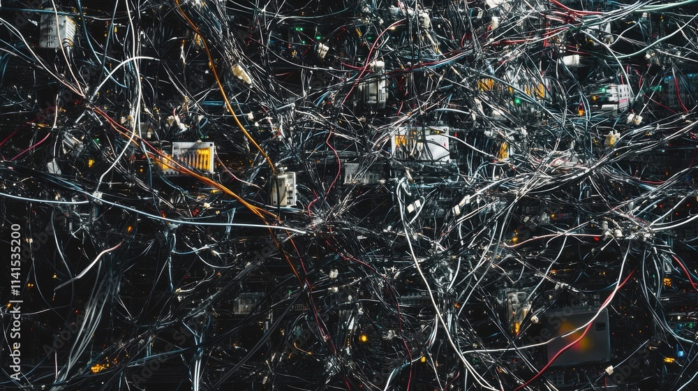 A dense of cables and wires connecting various computing devices representing the complex infrastructure behind predictive algorithms.