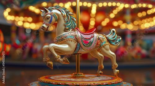 A 3D carousel horse spinning on a flat 2D colorful carnival backdrop