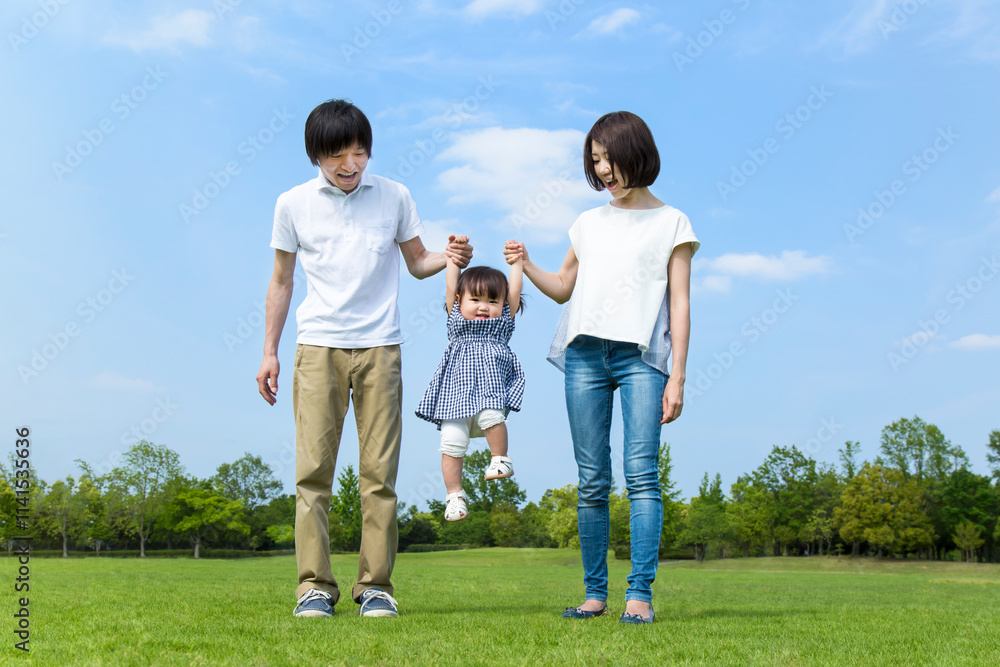 Obraz premium 青空を背景に緑の芝の広場で手を繋ぎ遊ぶ幸せな親子3人。家族,愛情,幸せなイメージ