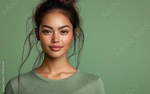 Wallpaper Mural Asian woman smiling and wearing a t-shirt in studio color background Torontodigital.ca