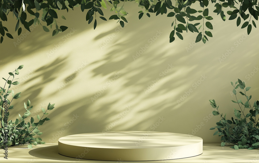 Modern studio space with circular platform and green foliage in soft lighting Modern studio space with circular platform and green foliage in soft lighting