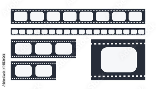 Different film stripes. realistic filmstrip. filmstrips collection on white background. photographic. photo frames. free copy space. black and white film strip
