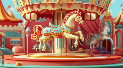 A 3D carousel horse spinning on a flat 2D colorful carnival backdrop