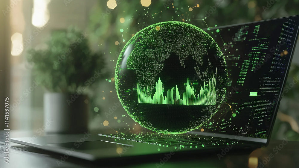 Obraz premium Global Data Network Green Technology Digital Globe on Laptop