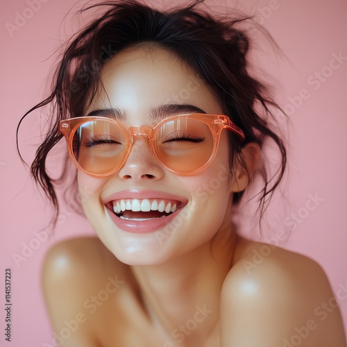 Beauty girl smiling and wearing a t-shirt in studio color background