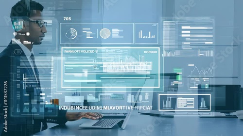 Business professional working at desk with multiple laptops in modern office setting