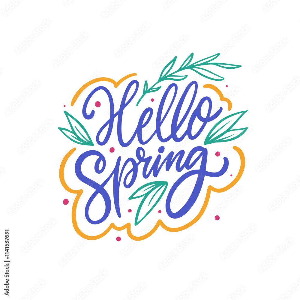 Obraz premium Hello Spring colorful holiday phrase. Handwritten lettering text.