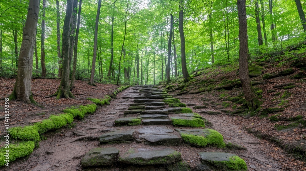 Serene Forest Pathway with Stones Surrounded by Lush Green Trees Serene Forest Pathway with Stones Surrounded by Lush Green Trees
