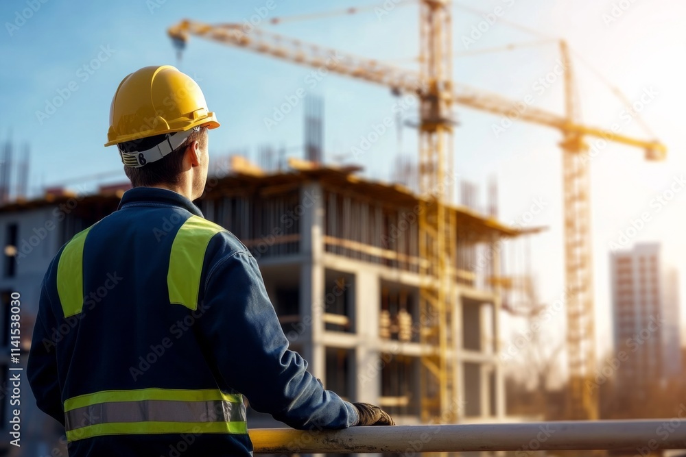 Rear view of a laborer in a helmet on a construction site - image for Labor Day Rear view of a laborer in a helmet on a construction site - image for Labor Day