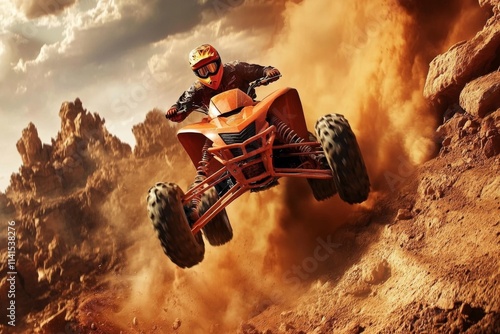 Man performing adventurous ATV jump on off-road track in exhilarating extreme sports activity theme for Adobe Stock photo