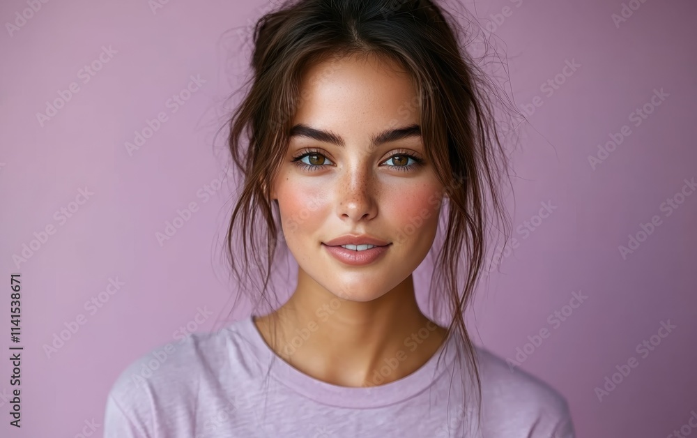 Fototapeta premium Beauty girl smiling and wearing a t-shirt in studio color background