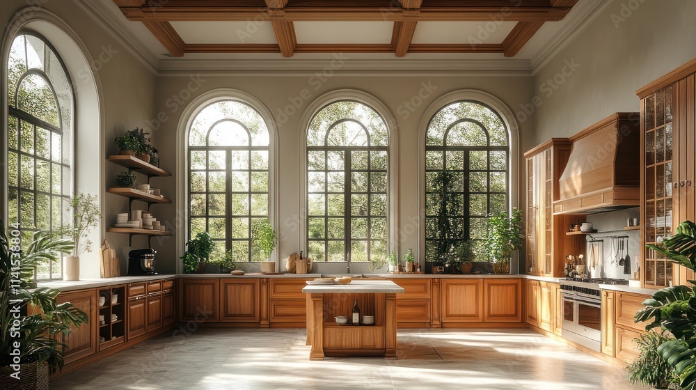 A spacious, modern kitchen with large windows and wooden cabinetry, filled with plants. A spacious, modern kitchen with large windows and wooden cabinetry, filled with plants.