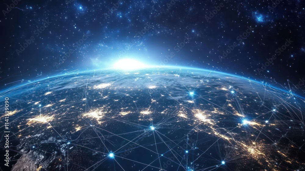 Obraz premium A view of Earth from space, showcasing interconnected networks and glowing city lights.