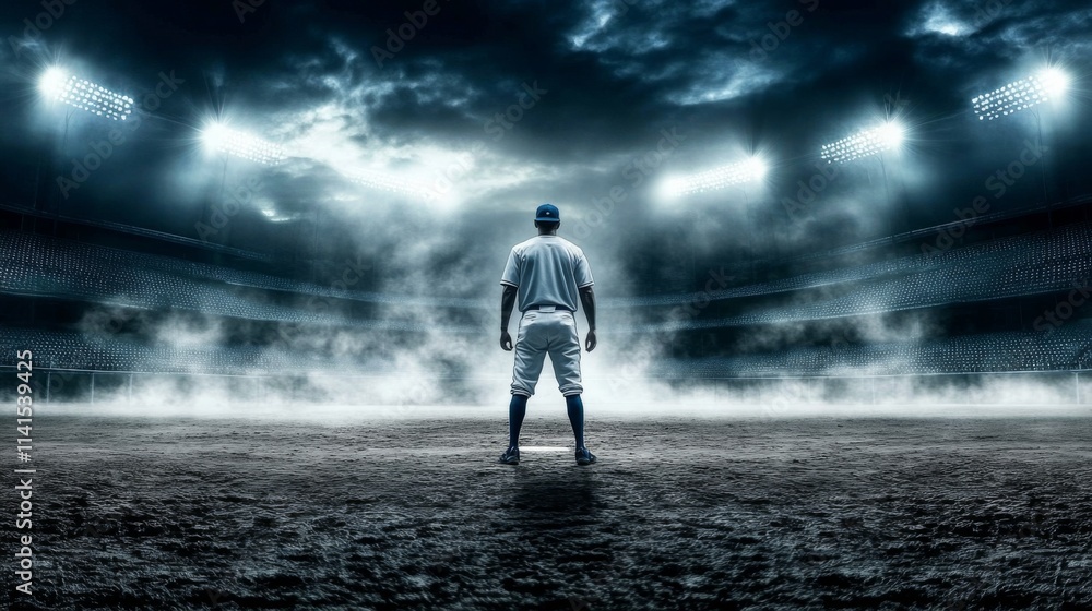 Baseball player standing ready in the center of a bustling baseball stadium - imagery Baseball player standing ready in the center of a bustling baseball stadium - imagery