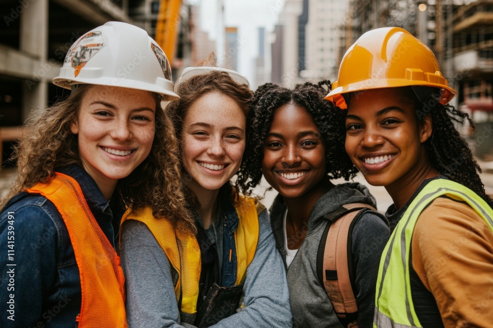 Happy and diverse female construction team smiling at work on site, portrait photograph. Happy and diverse female construction team smiling at work on site, portrait photograph.