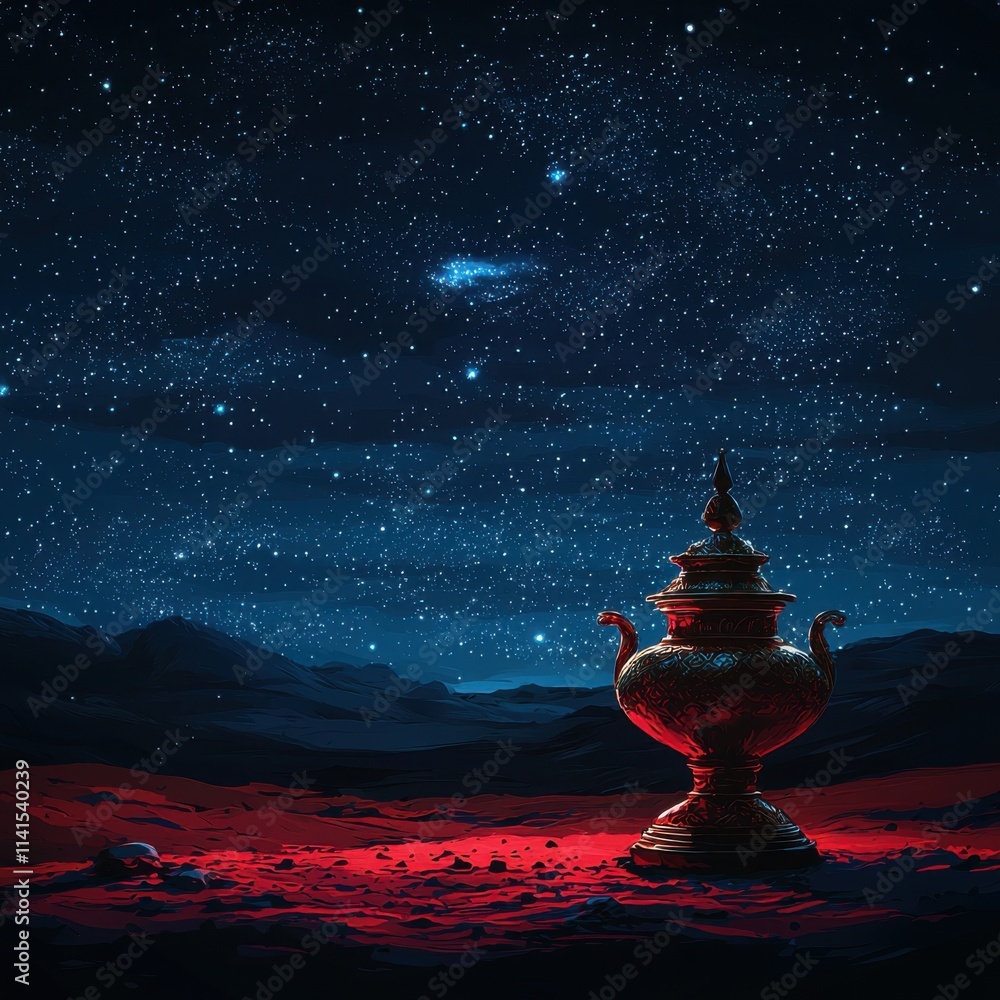 Mystical artifact discovery under starry sky remote desert digital artwork nighttime surreal concept Mystical artifact discovery under starry sky remote desert digital artwork nighttime surreal concept