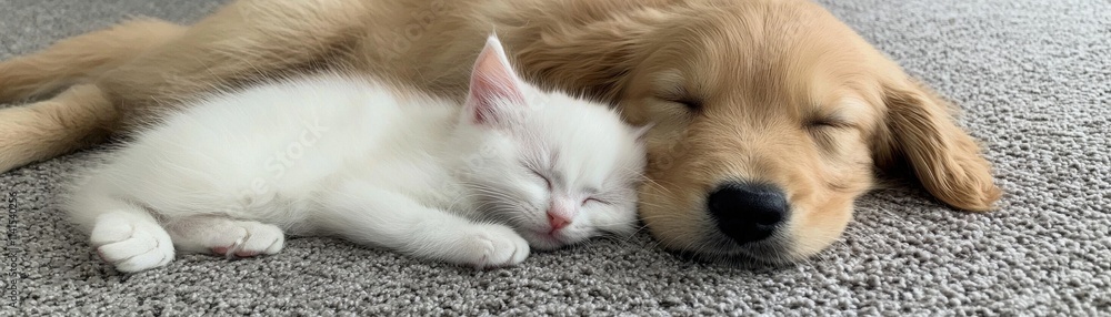 Cuddly puppy and kitten sleeping together on soft carpet home pet photography cozy environment close-up view Cuddly puppy and kitten sleeping together on soft carpet home pet photography cozy environment close-up view