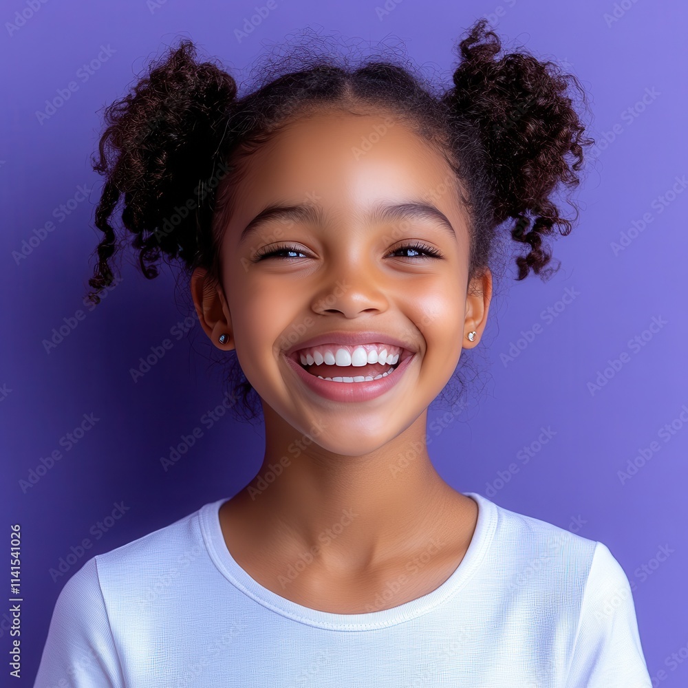 Africa American young girl with hair and a t-shirt is smiling Africa American young girl with hair and a t-shirt is smiling