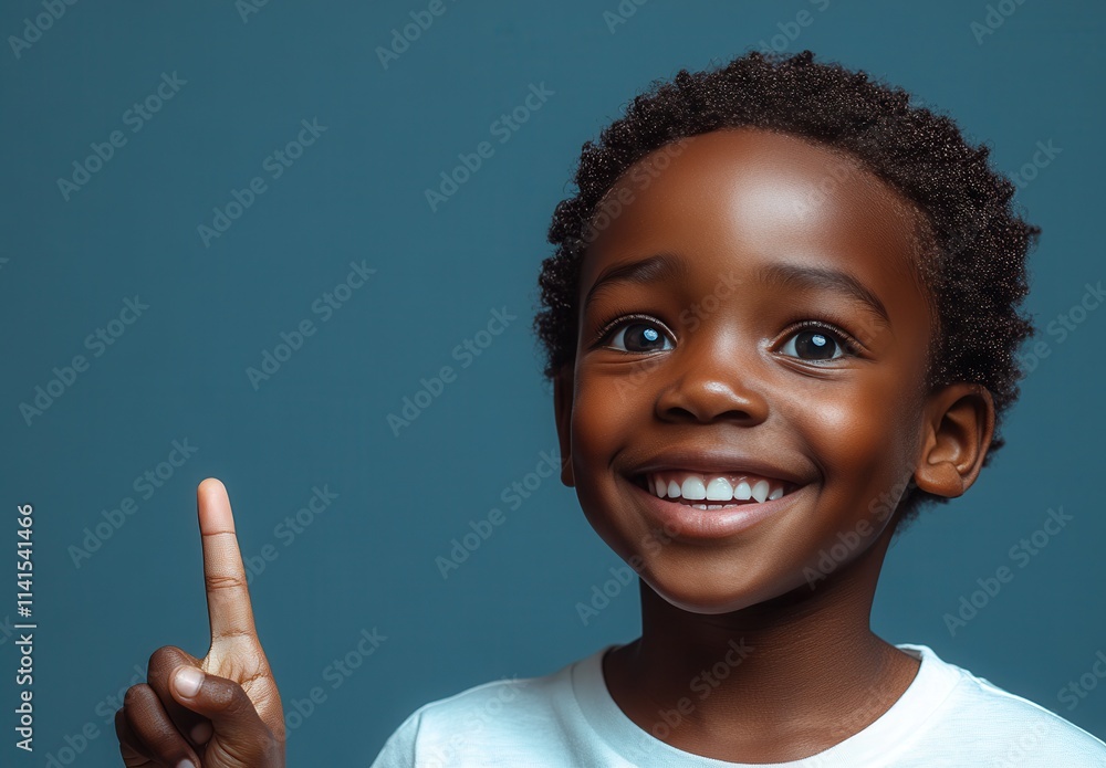 Africa American young smiling with a t-shirt, hands up, pointing to something Africa American young smiling with a t-shirt, hands up, pointing to something