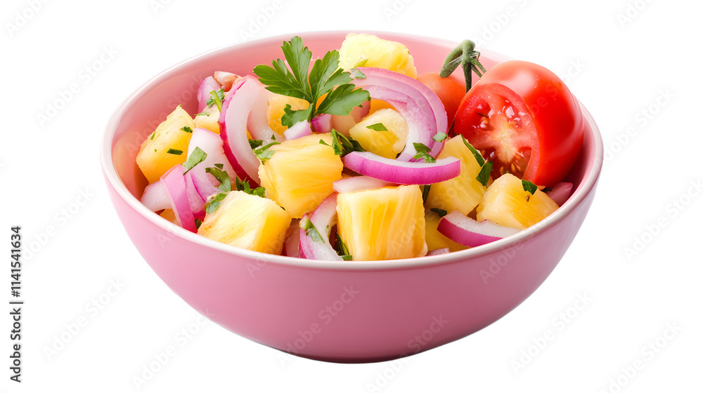 Pineapple salad with red onion and tomato in a pink bowl, isolated on a transparent background. Pineapple salad with red onion and tomato in a pink bowl, isolated on a transparent background.