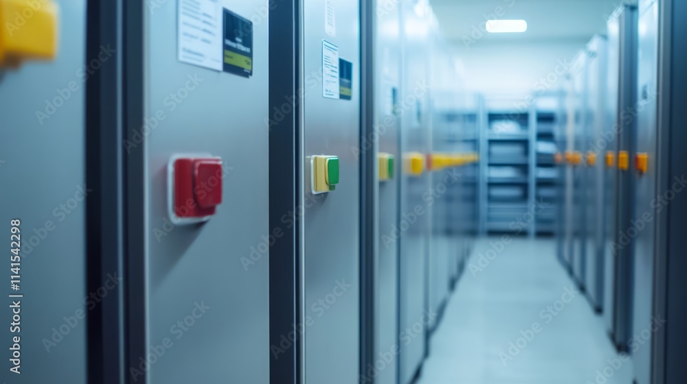 Modern and Organized Storage Facility with Metal Cabinets, Colorful Control Buttons, and Neat Aisles for Efficient Asset Management and Easy Access Modern and Organized Storage Facility with Metal Cabinets, Colorful Control Buttons, and Neat Aisles for Efficient Asset Management and Easy Access