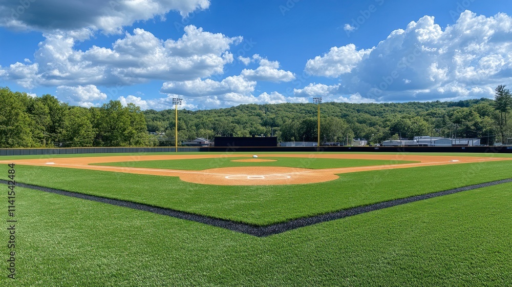 Fototapeta premium A well-maintained baseball field under a blue sky with scattered clouds.