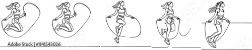 vector set of continuous line drawings of woman playing jump rope